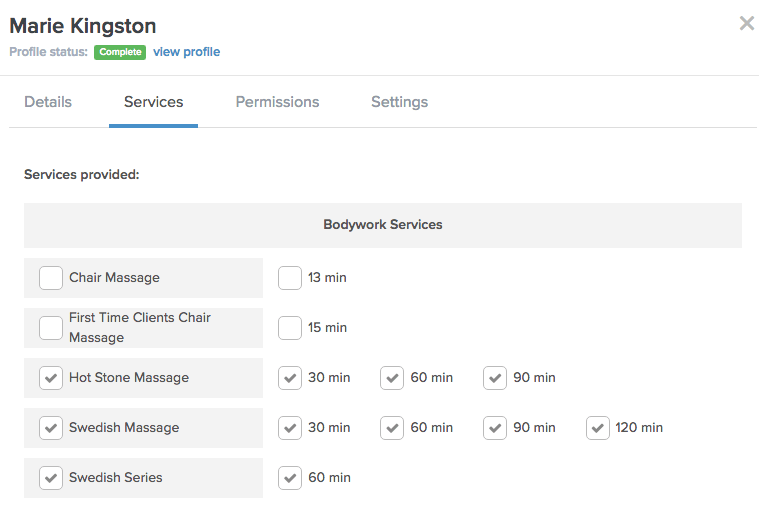 Bodywork services list with durations