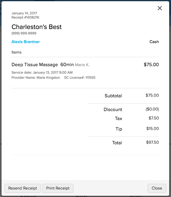 Receipt for deep tissue massage service.
