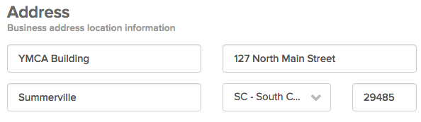 Business address form with location details.