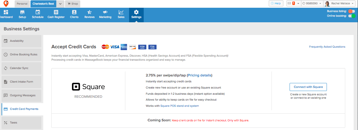 Business settings for credit card payments.
