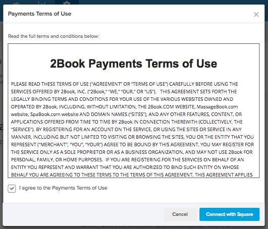 Terms of Use agreement with checkbox and buttons.