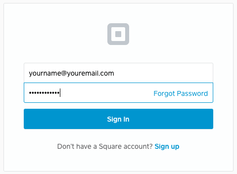 Square login screen with email and password fields.