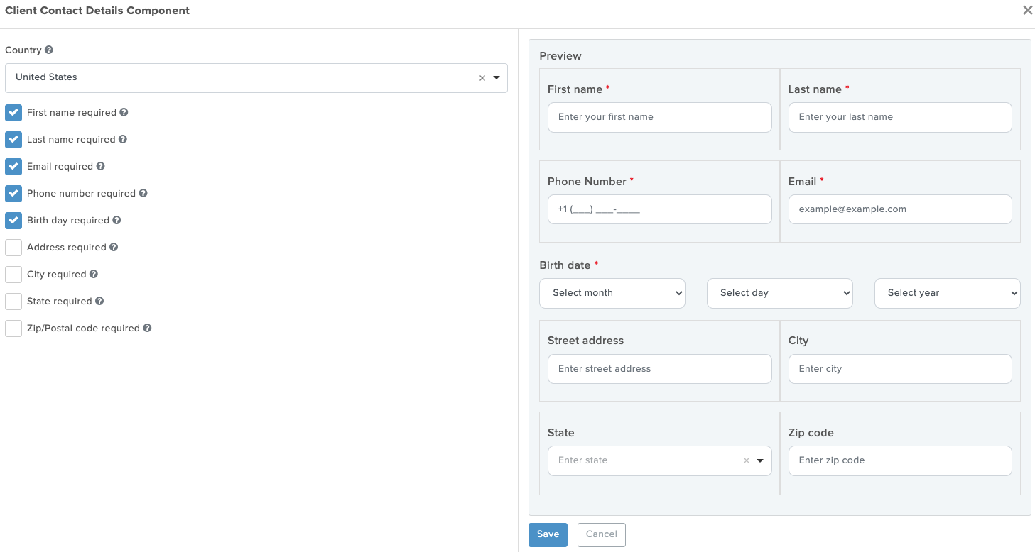 Client contact details form interface