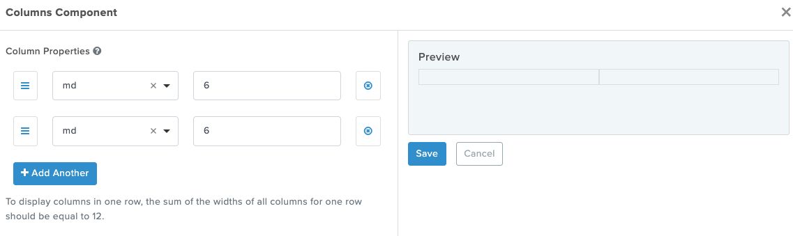 Columns component settings interface