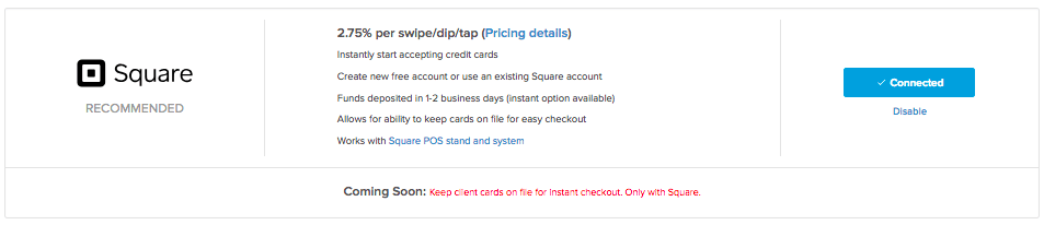 Square payment system details and connection status.
