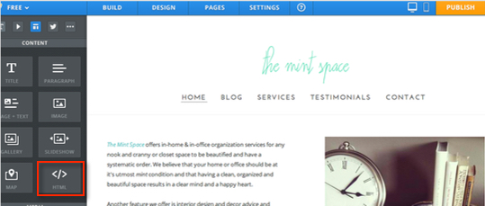 Website editor interface with HTML option highlighted.