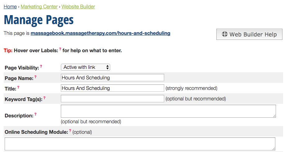 Manage Pages interface for website settings.