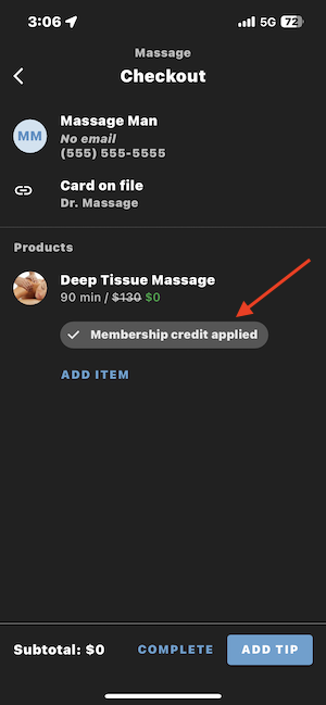 Checkout screen with membership credit applied.