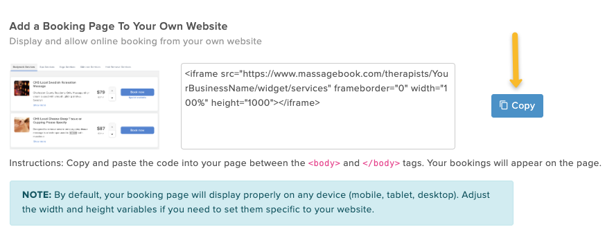 Add a booking page to your website instructions.