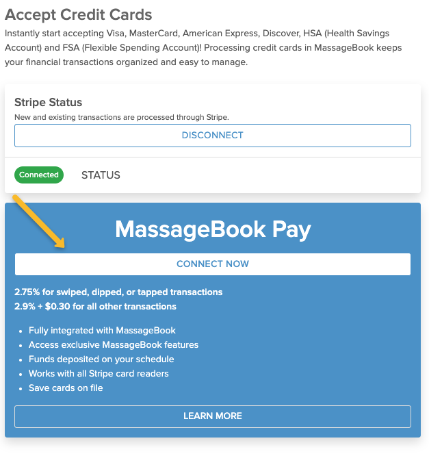MassageBook Pay connection options